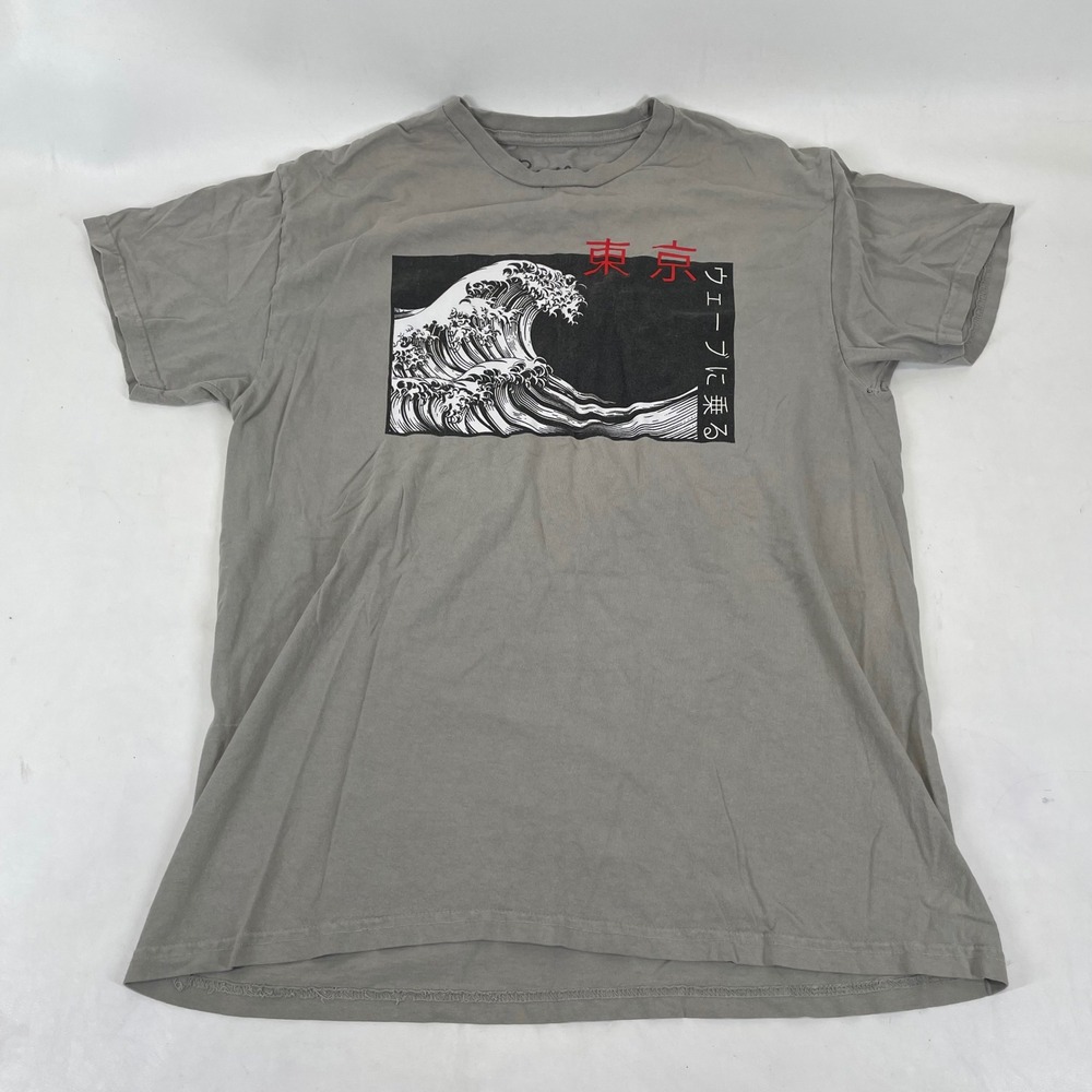 Bowery Supply Co Mens Large Gray Great Wave Tokyo Japanese Graphic T-Shirt L